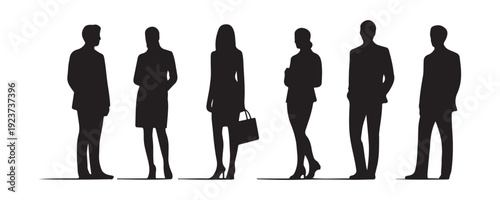 Silhouette of business people standing together, men and women in professional attire, diverse group posing