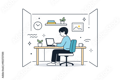 Calm office focus room. An individual works alone in a tidy, enclosed space, free from visual and noise distractions. The illustration