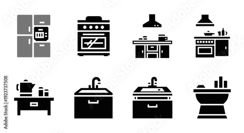 Minimalist kitchen icon set featuring major appliances and accessories