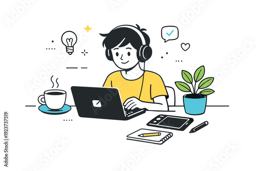 Remote designer lifestyle. A designer working from home with a laptop, coffee, and plant nearby, showing comfort and productivity. The scene