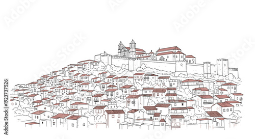 Charming medieval townscape with church and castle on mountain