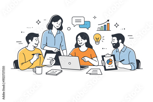 Men and women at work collaboration. A calm editorial scene of men and women working together around a table, exchanging ideas and documents.