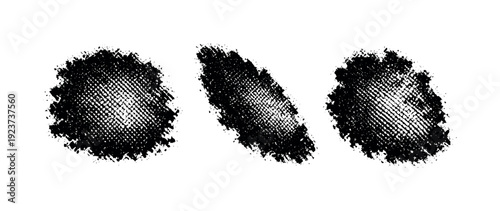 Three abstract textured spheres with bright white centers on a black background