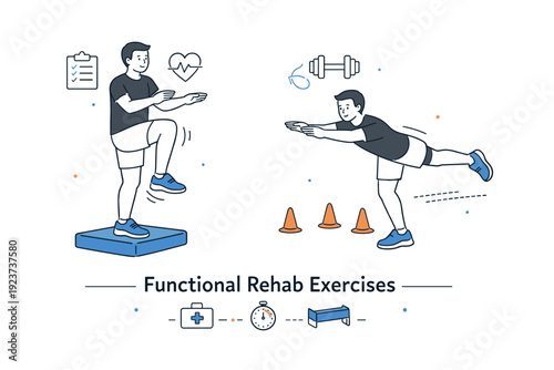 Functional rehab exercises. Athlete balancing on a foam pad or performing controlled single-leg drills, focus on stability and coordination,