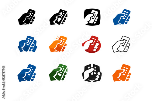 Remote in hand. Icon set. Set Logo of Remote in hand: thumb pressing remote button. harmonious logo variations of the same emblematic concept, each with