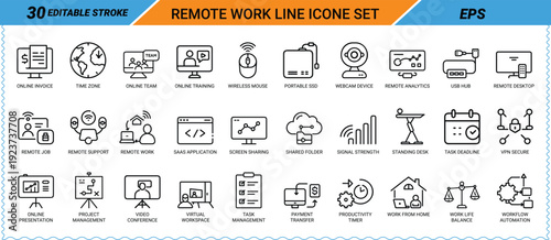Remote Work Line Icon Set Editable Stroke EPS online invoice time zone