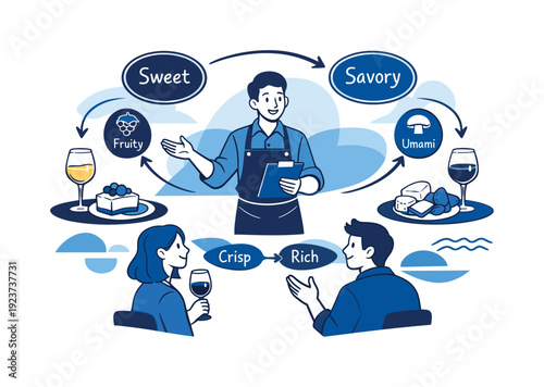 Guided tasting experience. Host presenting paired bites and drinks, arrows connecting