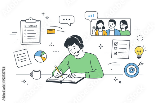 Note-taking during strategy calls. Remote team call with documents and bullet points floating around, one person actively jotting down ideas. Sense