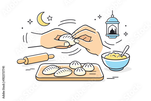 Ramadan night desserts preparation. Close-up moment of shaping pastries by hand, gentle repetitive motion and focus, sense of tradition and care, abstract