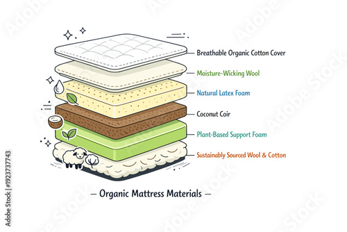 Organic mattress composition. Layers of ethically sourced textiles, plant-based foams, and moisture-wicking covers stacked in a vertical