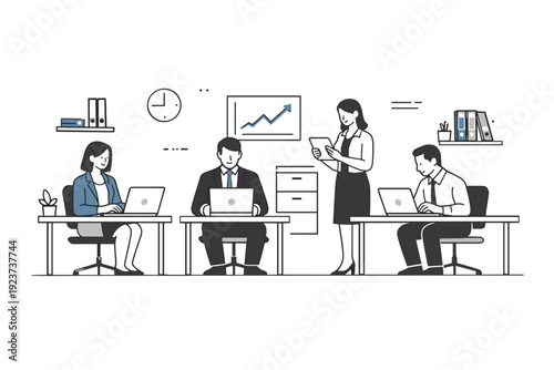 Corporate office environment. Professionals working at desks with laptops and minimal office elements, emphasizing order and professionalism.