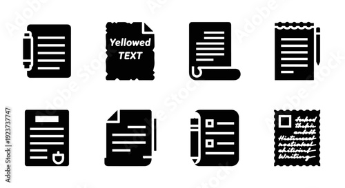 Set of black silhouette document icons with text and writing themes