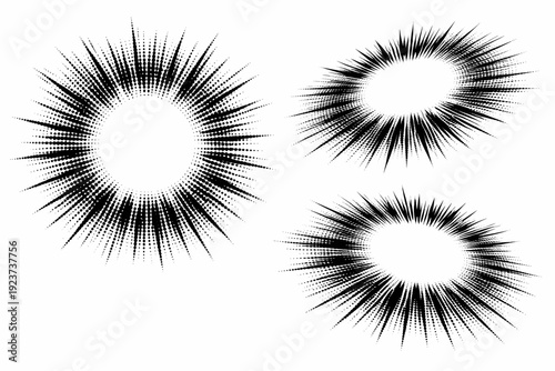 Halftone burst with central text space A radial burst shape with a clear empty center for text shown in front view, angled view,