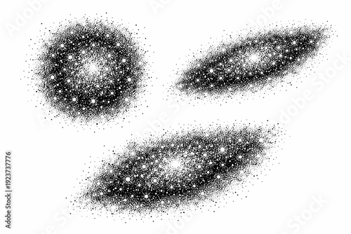 Star cluster mass. A dense star cluster mass is shown in three views: compact frontal view, elongated side view, and three-quarter dispersed view, focusing on