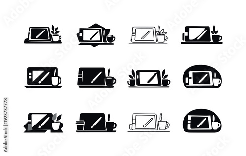 Collection of graphic design tablet icons with coffee and plants