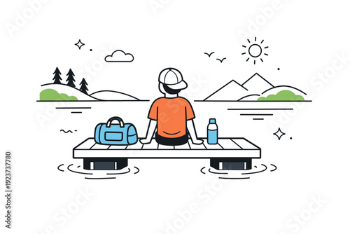 Floating docks relaxation. Quiet lakeside scene with a person sitting on a dock beside a small bag and water bottle. Unhurried pause and gentle connection with