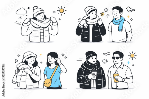 Human reactions to seasonal change. People switching winter clothes for lighter layers, scarves turning into soft spring accessories. Casual adaptation and