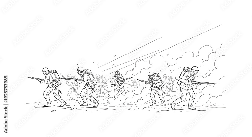 Obraz premium World war soldiers in combat line art with dynamic movement and detail