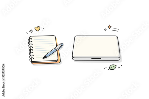 Modern slow-life aesthetics. A minimal workspace with a notebook, pen, and laptop closed, plenty of empty space around objects. Intentional