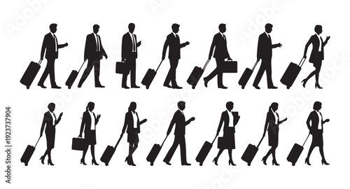 A collection of business people silhouettes traveling with luggage, depicting airport and travel scenes