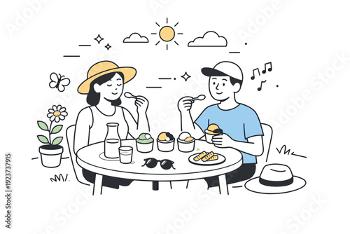 Ice cream tasting rituals. A relaxed outdoor tasting with ice cream cups and soft summer details nearby. Casual pleasure and seasonal comfort. Minimalist flat