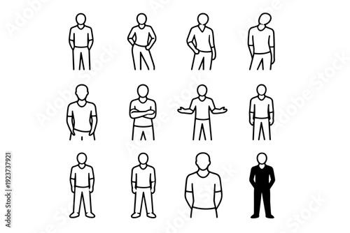 Confident portrait poses. Line icon set of Confident portrait poses: relaxed standing, slight hip shift, shoulder angle, chin tilt, soft smile, relaxed arms,