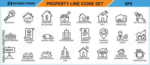 Property Line Icon Set With Real Estate And Building Symbols vector illustration