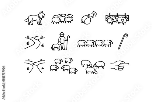 Sheep Herding. Line icon set of Sheep Herding: shepherd dog, moving flock, whistle call, sheep corral, guiding path, shepherd with dog, sheep