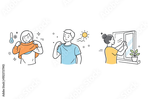 People reacting to temperature indoors. A character adjusts clothing, pulls on a sweater, or opens a window, responding to room temperature.