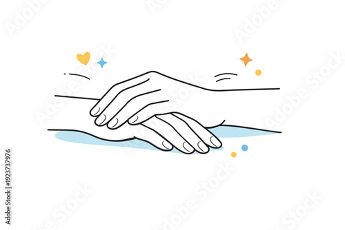 Resting Hands Illustration. Hands idle close-ups. Relaxed hands resting on a table, fingers loosely touching, no active movement. Calm pause, quiet presence,