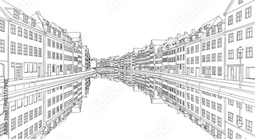 Linear architectural canal scene with reflections and historic bridges