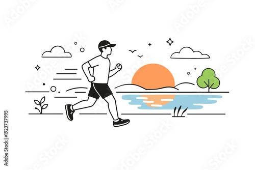 Evening running scene. A runner jogs along a riverbank during sunset, subtle abstract lines and floating dots accentuate movement and calm outdoor atmosphere.