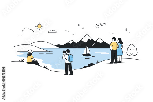 People as background elements. Small people integrated into a landscape scene, blending gently with shapes and lines. Quiet scale contrast