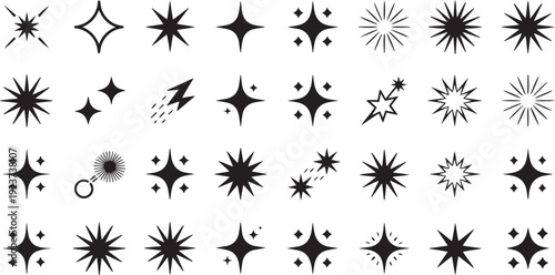 Collection of various hand drawn explosion burst and star shapes isolated on transparent background