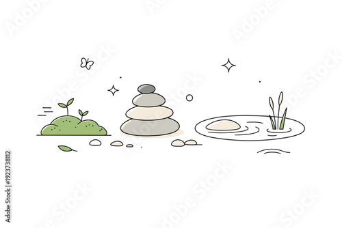 Wabi sabi nature aesthetics. Minimal background inspired by moss, stones, and quiet garden elements, calm visual rhythm with
