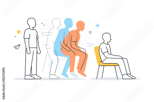 Daily Life Transitions. People transitioning between states in daily life. A figure moves from standing to sitting, with overlapping silhouettes showing the