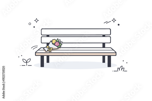 Bouquets left on benches. A quiet public bench with a small bouquet resting beside it, no people around. Subtle sense of recent presence and