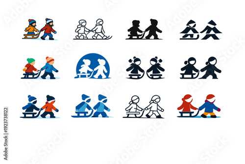 Winter activities with children. Icon set. Set Logo of Winter activities with children: children pulling sled together. harmonious logo variations of the same