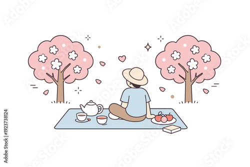 Cherry Blossom Picnic. Picnic under cherry blossoms. A person sitting on a blanket beneath flowering cherry trees, with minimal picnic items like tea and