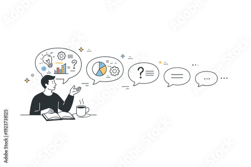 Simplifying Ideas Visually. Knowledge transfer gaps. A person explaining ideas through speech bubbles that gradually simplify as they move away. The mood is