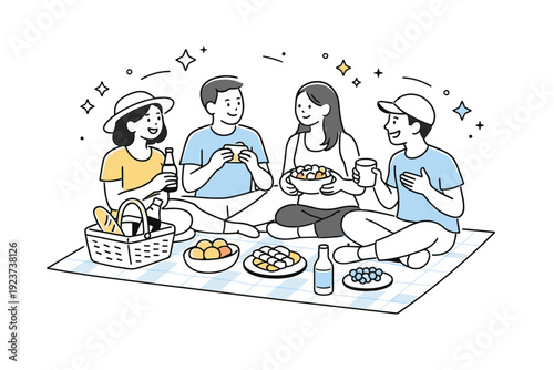 Picnic with friends. Friends sitting on a blanket outdoors, sharing food and drinks, subtle stars and dots emphasizing warmth and connection,