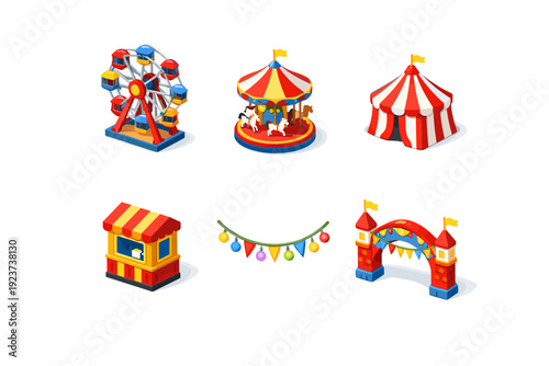 Spring festival fair. Isometric flat vector icons set of Spring festival fair: ferris wheel attraction, colorful carousel ride, striped festival tent, ticket