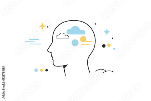 Mental emptiness concepts. Floating head or silhouette with gentle abstract shapes like dots, dashes, and clouds drifting through. Visual metaphor for mental