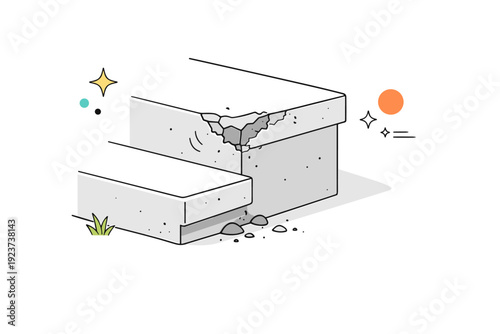 Imperfection in built surfaces. A concrete staircase or edge with chipped detail, soft shadows and textural nuance. Functional aging captured in a quiet modern