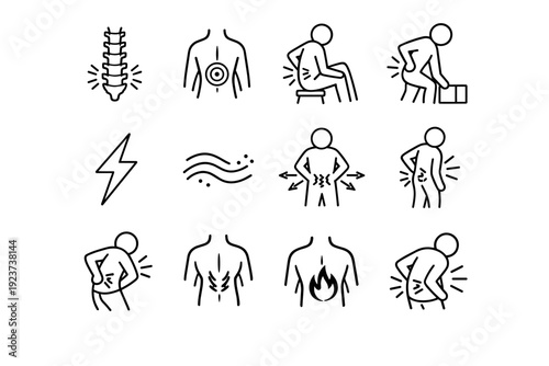 Lower Back Pain Icons. Lower Back Pain. Line icon set of Lower Back Pain: highlighted lower spine, lumbar pain area, sitting lower back pain, lifting pain
