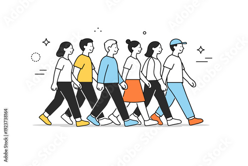 People merging with crowds. A group walking in one direction with one person smoothly aligning pace and posture to match others. Shared direction, collective