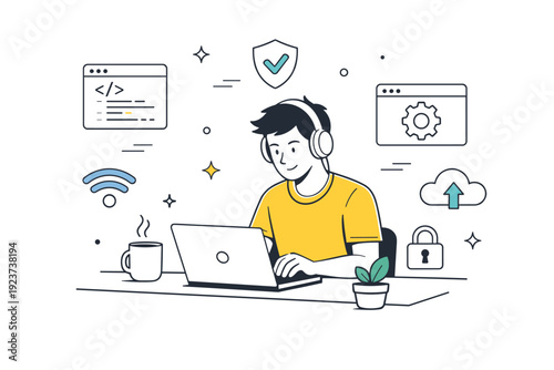 IT specialists working remotely. A calm editorial scene of an IT professional working on a laptop at home, with code windows and system icons floating nearby.