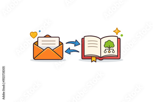 Handing down family traditions through letters or journals depicted by an envelope transforming into a book, symbolizing personal messages