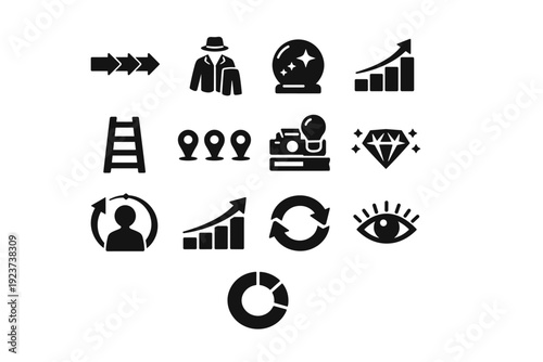 Style evolution journey. Solid icon set of style evolution journey: timeline arrows, past outfit icon, present style focus, future trend
