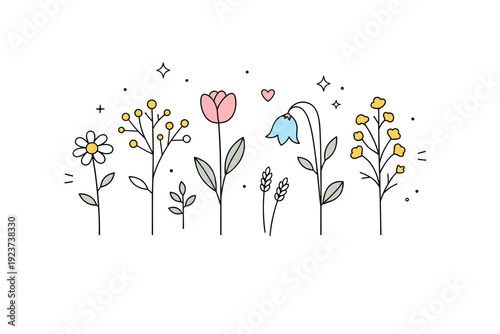 Field florals composition. Minimal flower heads and thin stems arranged with natural spacing. Calm countryside elegance expressed through